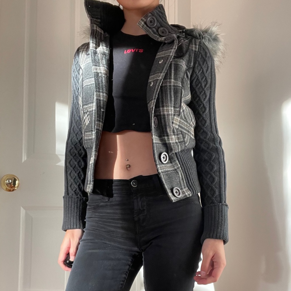 Guess wool and knit bomber jacket faux fur hood xs